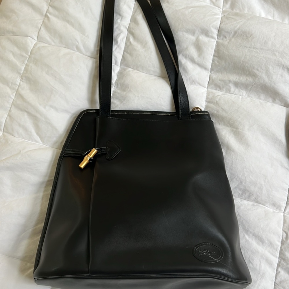Authentic Longchamp all leather vintage shoulder bag 14” at base and 12” tall